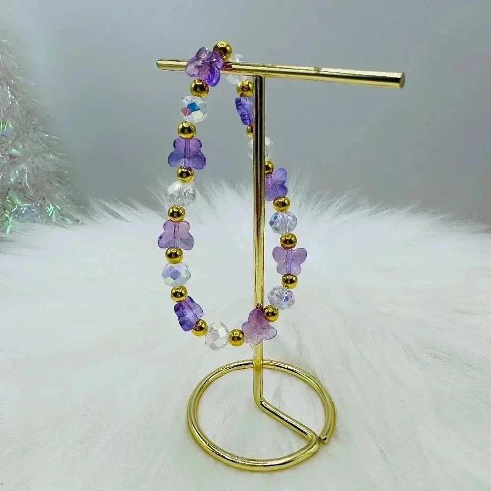 Purple Butterfly Charm Beaded Bracelet